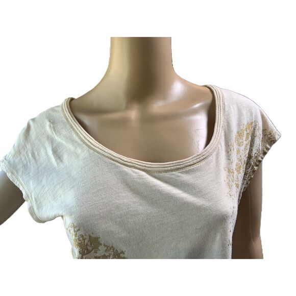 Ann Taylor Beige & Gold Glitter Short Sleeve Scoop Neck Printed T-Shirt Size PM - Picture 2 of 12